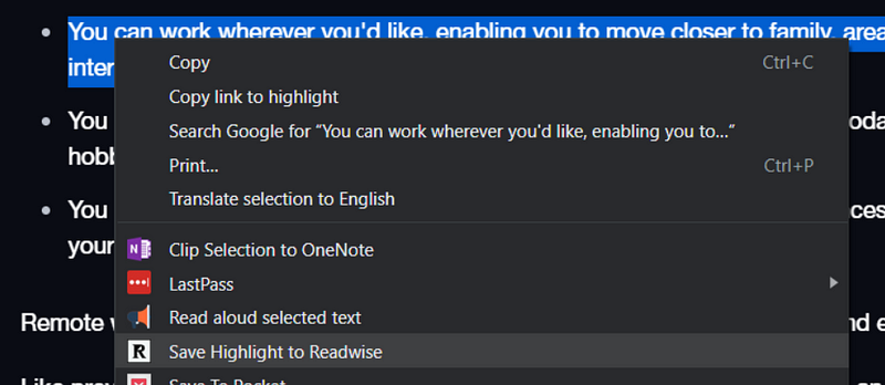 A screen shot showing the right-click function of Readwise