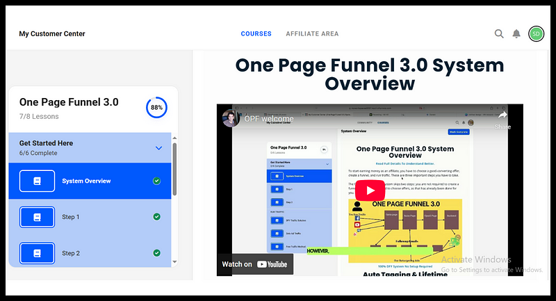 Dashboard for ‘One Page Funnel 3.0’ course showing 88% completion, with ‘System Overview’ lesson and video highlighted.