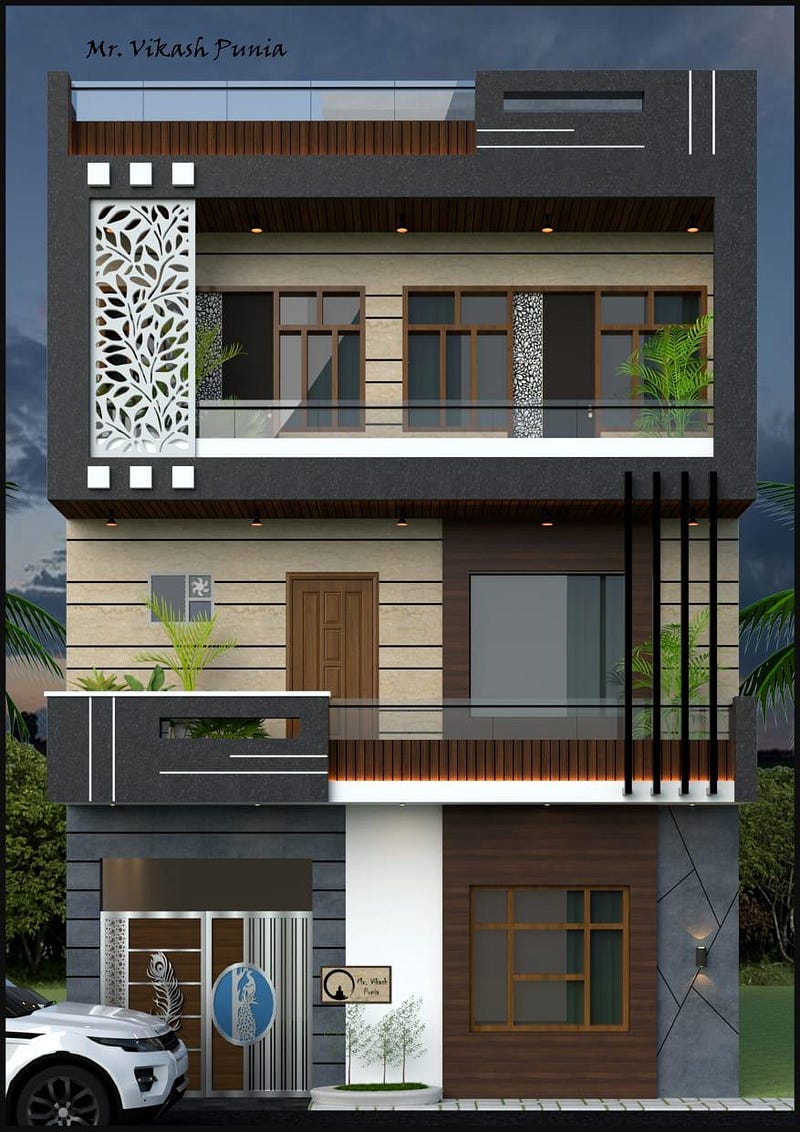 This modern residential elevation showcases a stylish contemporary façade with a perfect blend of textured stone, wooden finishes, glass railings, and decorative jaali elements. Clean horizontal and vertical lines enhance the visual appeal, while warm lighting and balcony greenery add elegance and comfort. Designed for urban living, this home elevation reflects smart space planning, modern aesthetics, and premium architectural.