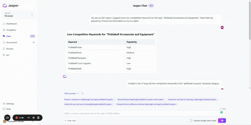 Gif screen recording of Jasper Chat Keyword Research