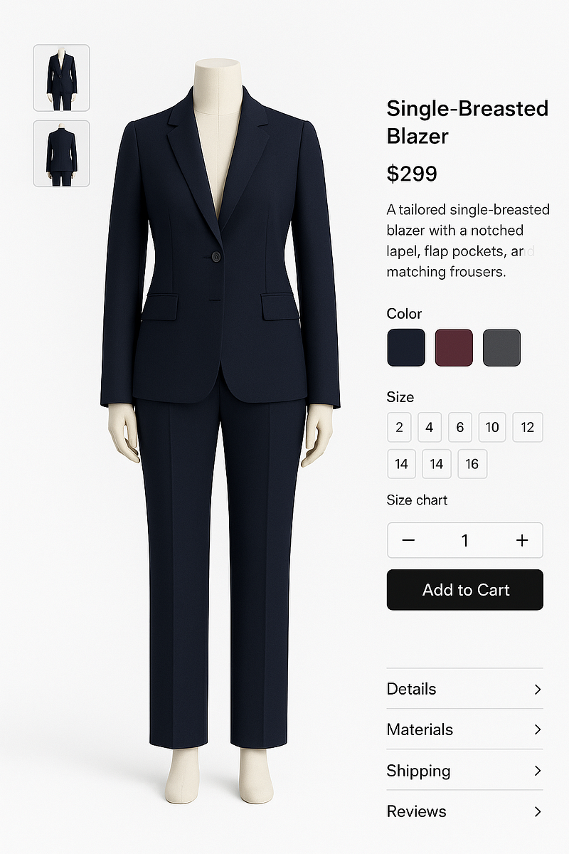 Product detail page showing a single-breasted blazer with image gallery, pricing, color and size selectors, add-to-cart controls, and expandable product details.