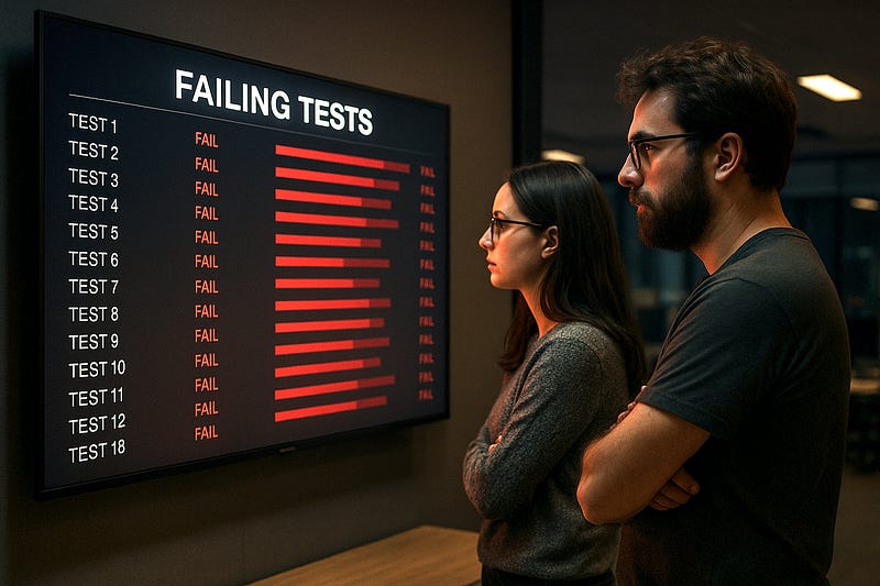 Two frustrated developers stare at a large monitor displaying a dashboard titled ‘FAILING TESTS’. The screen shows twelve tes