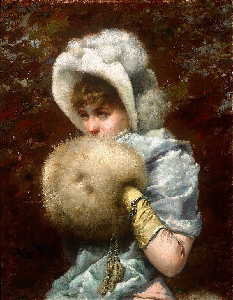 photo of the painting Muff Winter 1882, by Francesc Masriera, with a woman holding a the hand warmer close to her chin