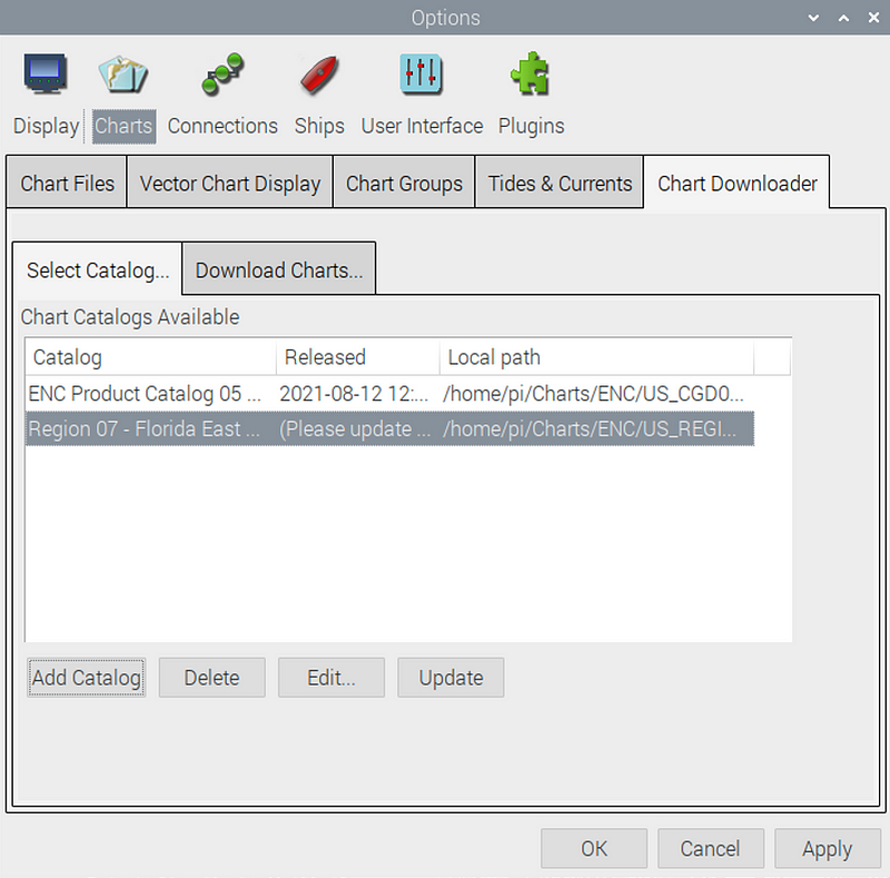 Image shows panel where you can click update to download the charts to your directory