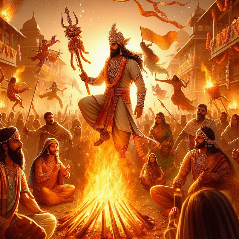 Image of Holika Dahan bonfire with people gathered around, alt text: Holika Dahan celebration