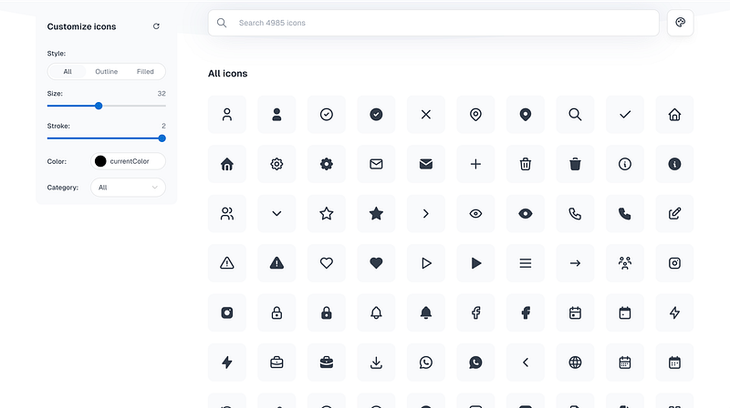 5,300+ icons designed for web applications. Best for dashboards and admin interfaces.