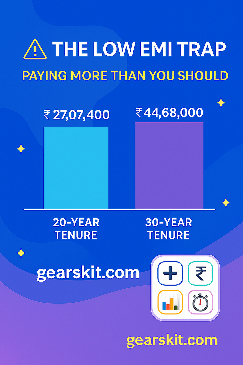 “Infographic titled ‘The Low EMI Trap’ comparing interest paid on long vs short loan tenures, showing how smaller EMIs lead to higher lifetime interest, with Gearskit branding and a blue-purple gradient background.”