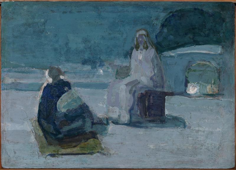 Jesus and Nicodemus sitting on a house roof at night, talking.