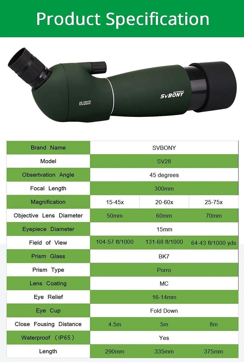 SVBONY SV28 Plus Spotting Scope product Specifications