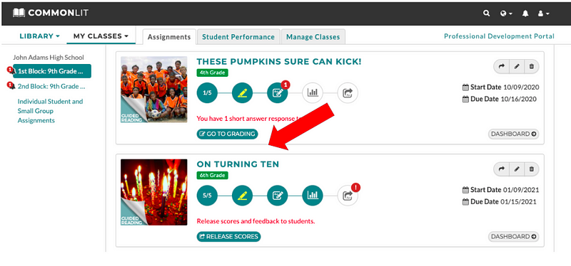 An assignments page, with a red arrow pointing to the lesson "On Turning Ten" and a prompt that says "Release scores and feedback to students."