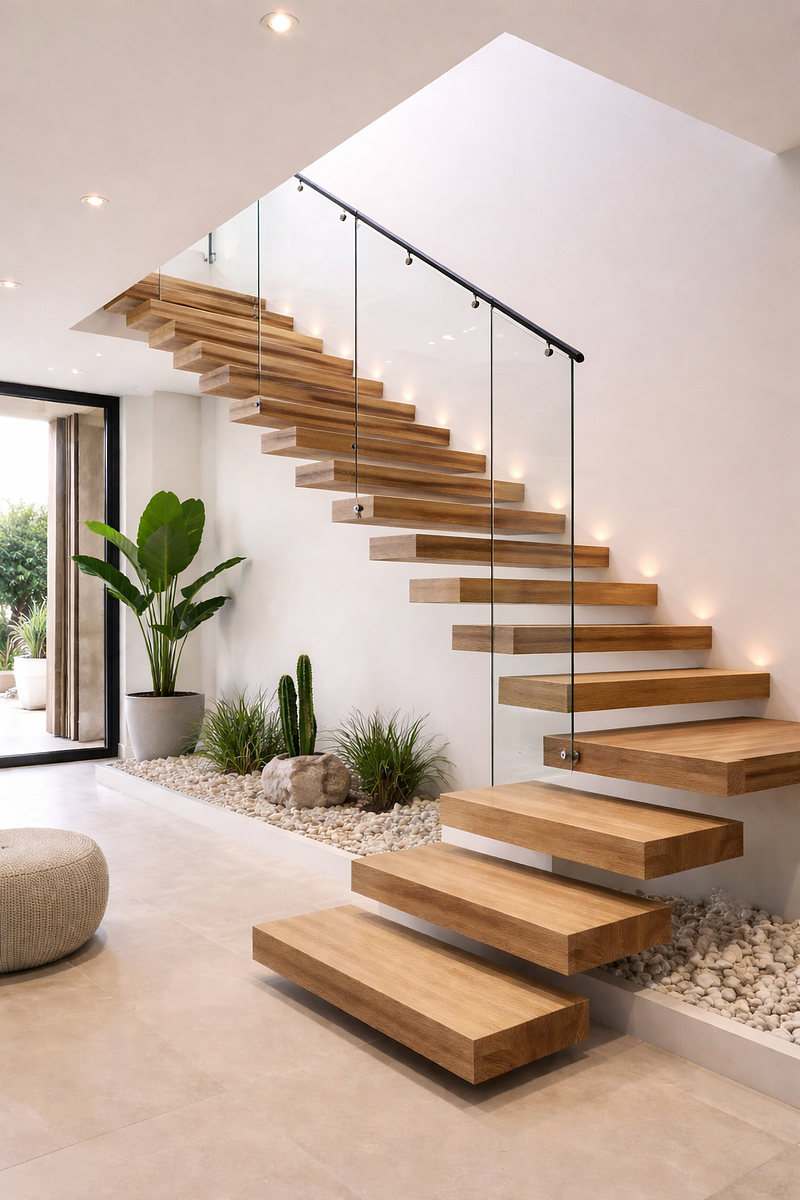 This minimalist floating staircase design features solid wooden treads paired with a clear glass balustrade and sleek black handrail. Soft recessed lighting enhances the architectural lines, while indoor plants and a pebble bed add a natural, calming touch. Designed for modern residential interiors, this staircase blends functionality with elegance, creating an open, airy feel that elevates contemporary home architecture.