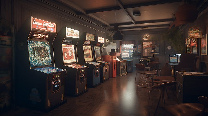 An image showing a typical arcade hall with several arcades cabinets that show games.