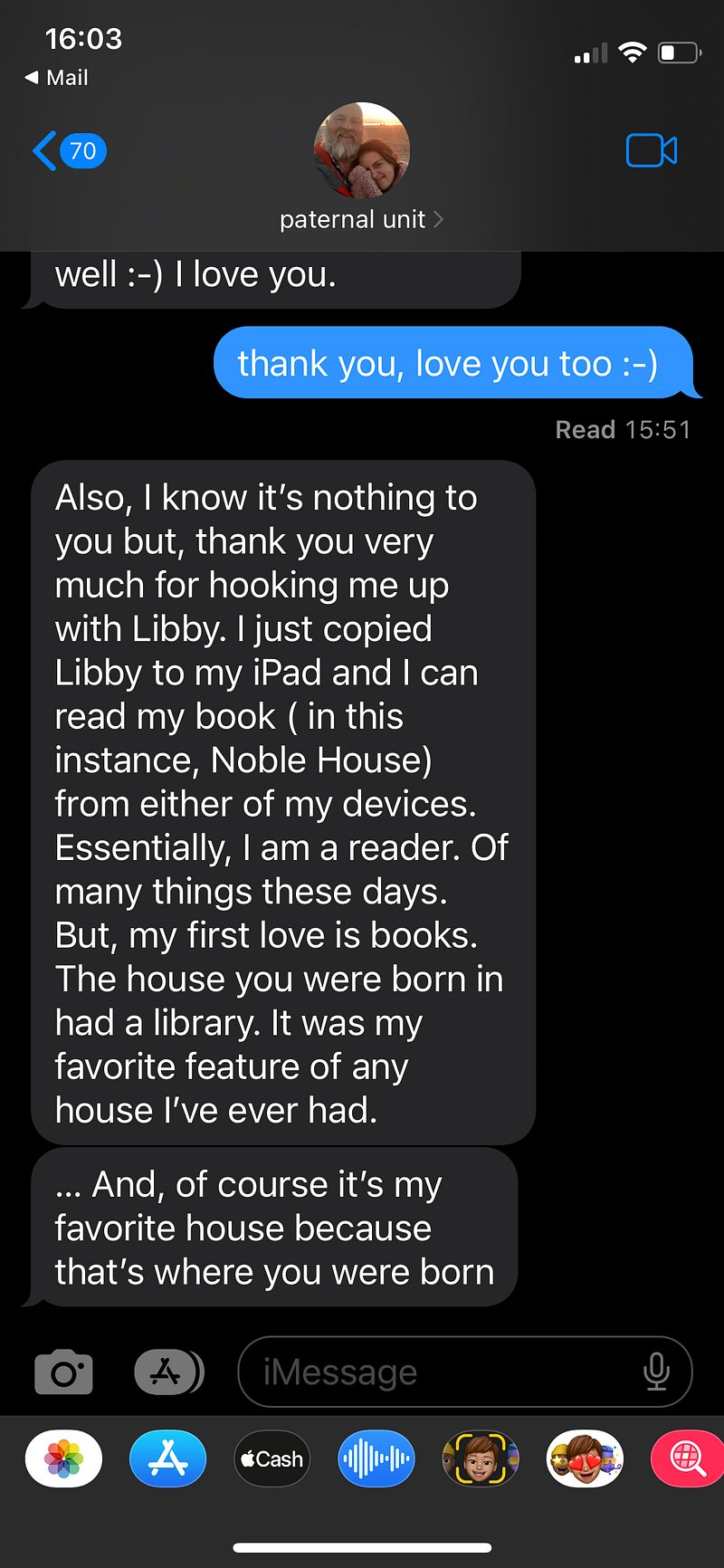 My dad messaging me a “Thank You” for setting up Libby.
