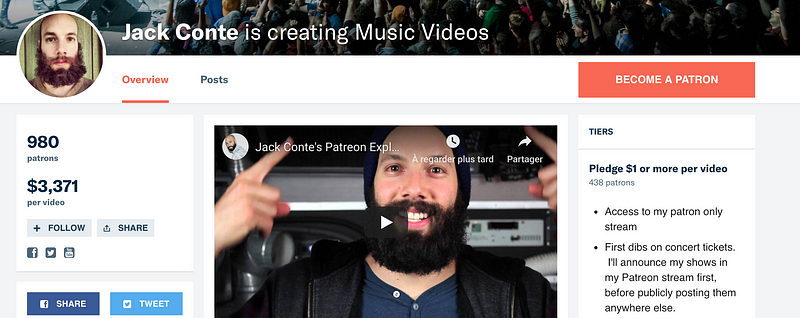 Capture d'écran du profil Patreon de Jack Conte