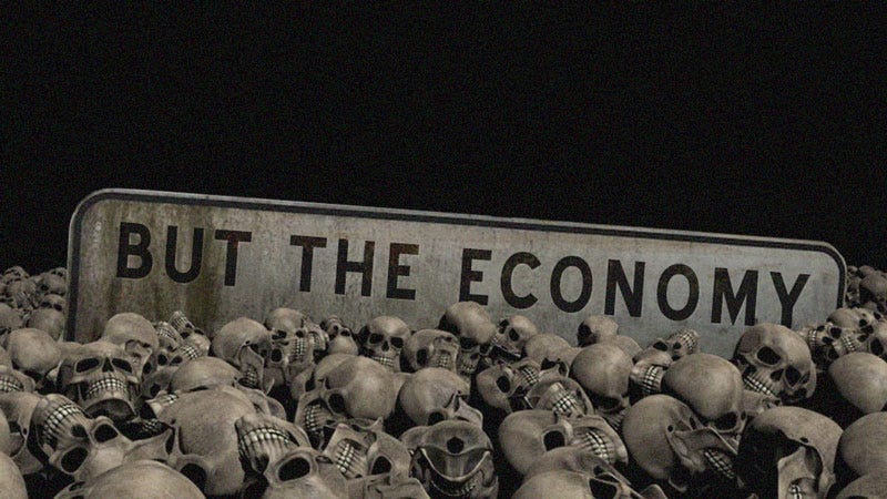 Pile of skulls with a sign sticking out that reads, but the economy
