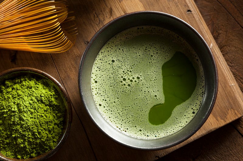 A kokusan bowl of green matcha tea in Japan