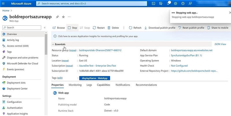 Stopping web app boldreportsazureapp.