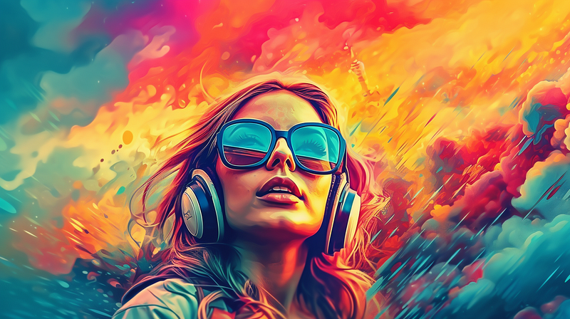 women with headphones and sunglasses surrounded by vivid festival style colors