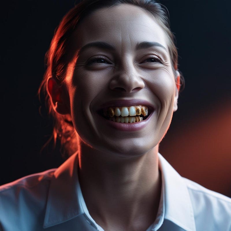 Image of a Lady smiling with discolored teeth from tobacco stains.