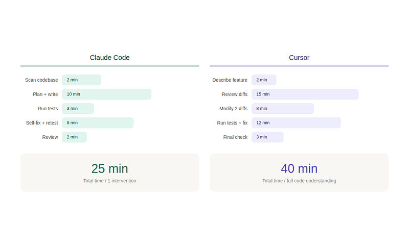 Auth feature implementation timeline comparing Claude Code 25 minutes vs Cursor 40 minute
