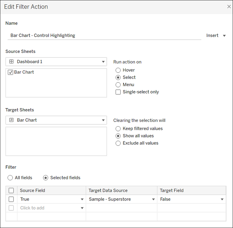 Dialogue box for Edit Filter Action, showing the Source Field set to “True” and the Target Field set to “False”.