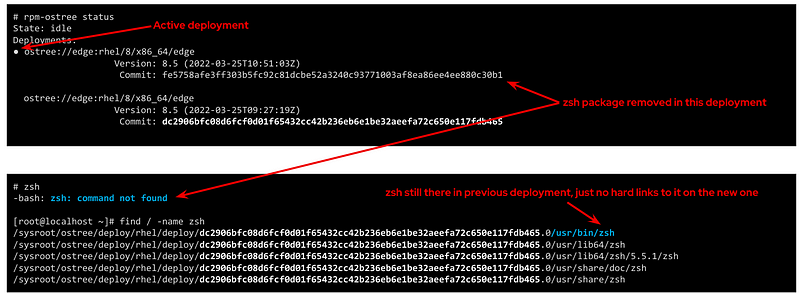 RHEL for Edge example where zsh was removed in one deployment