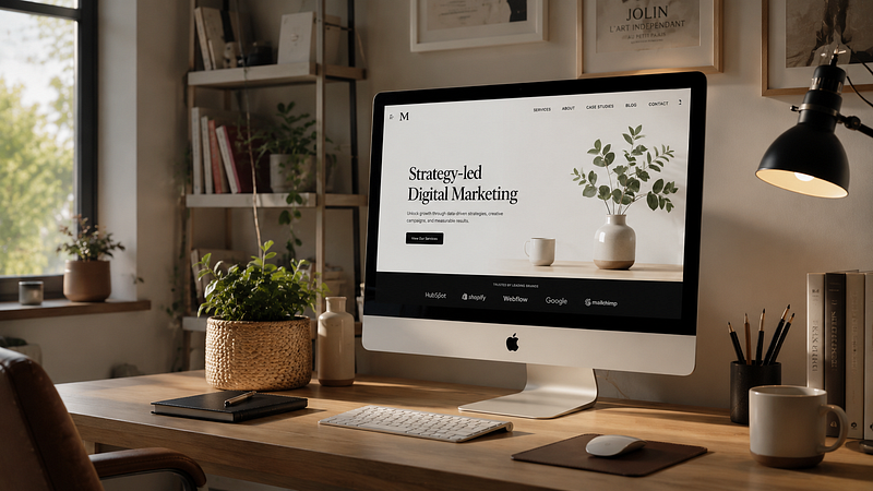 A fast, mobile-responsive website foundation displayed on a clean iMac screen, representing Phase 1 of fixing the structural baseline for digital marketing.