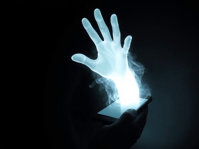 A ghostly hand emerging from a smartphone screen, reaching towards a person’s head, symbolising the subconscious influence of mobile devices.