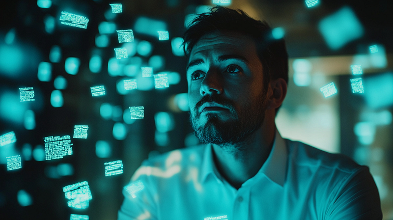 A person in a white collared shirt looks upward, illuminated by cyan-blue light from floating text boxes scattered across a d