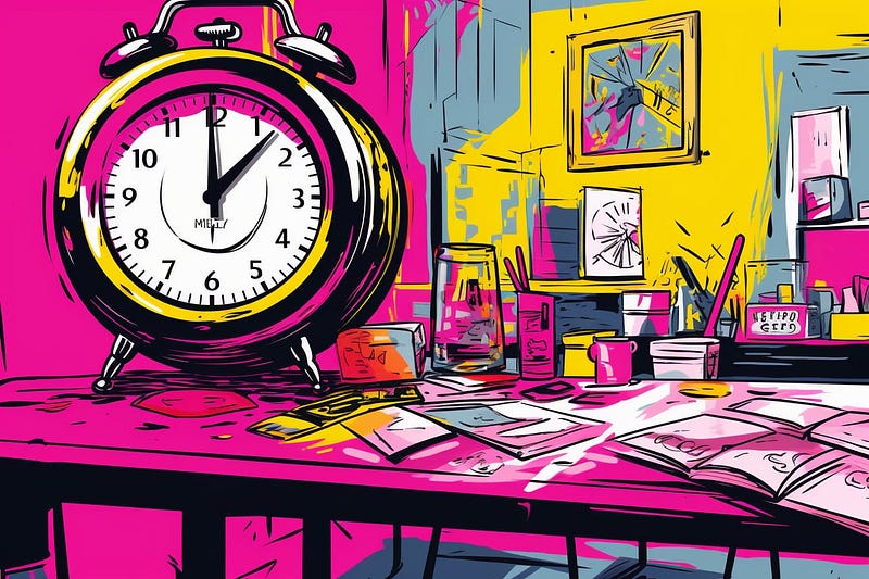 pop art illustration of a work desk covered in papers and a large clock