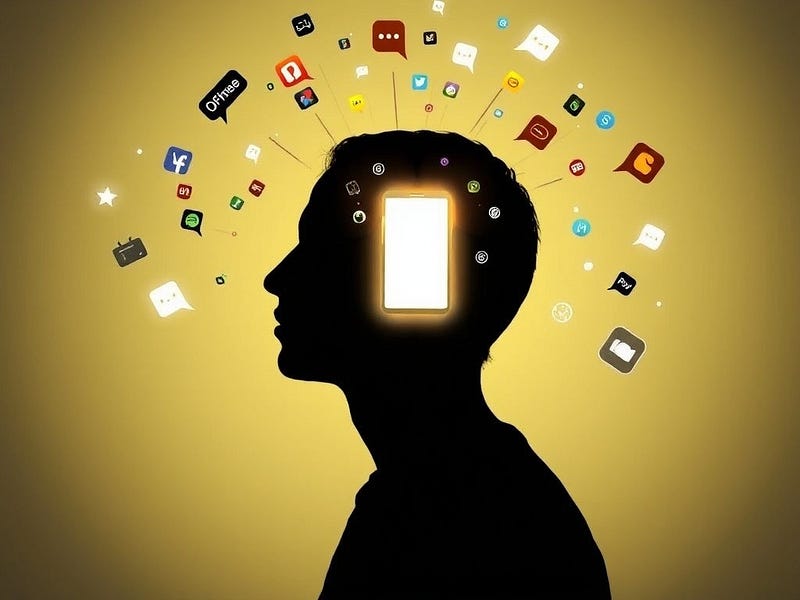 A person’s silhouette with a glowing smartphone where their brain should be, surrounded by floating app icons and notification symbols, illustrating the pervasive influence of mobile devices on our thoughts and behavior.