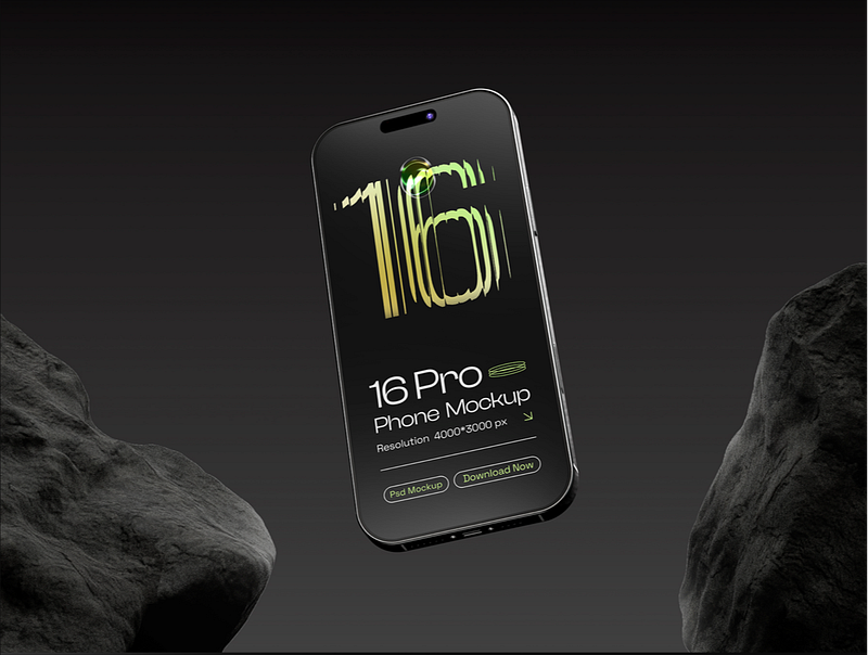 Floating iPhone 16 Pro mockup with a sleek dark UI, showcasing a high-resolution phone design template between two stone elements on a minimal background.