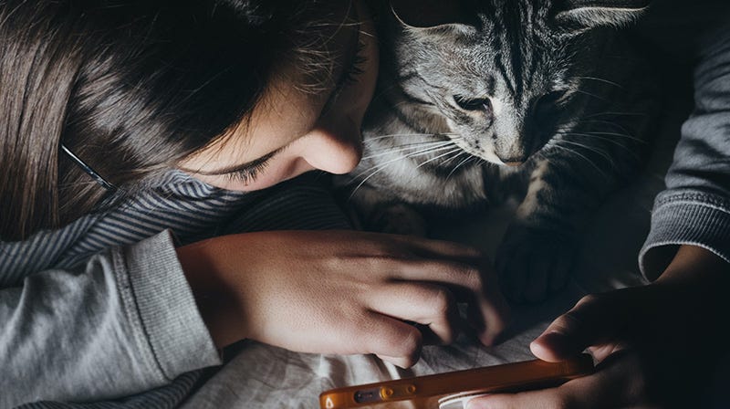 Girl and her cat watching something on her phone.