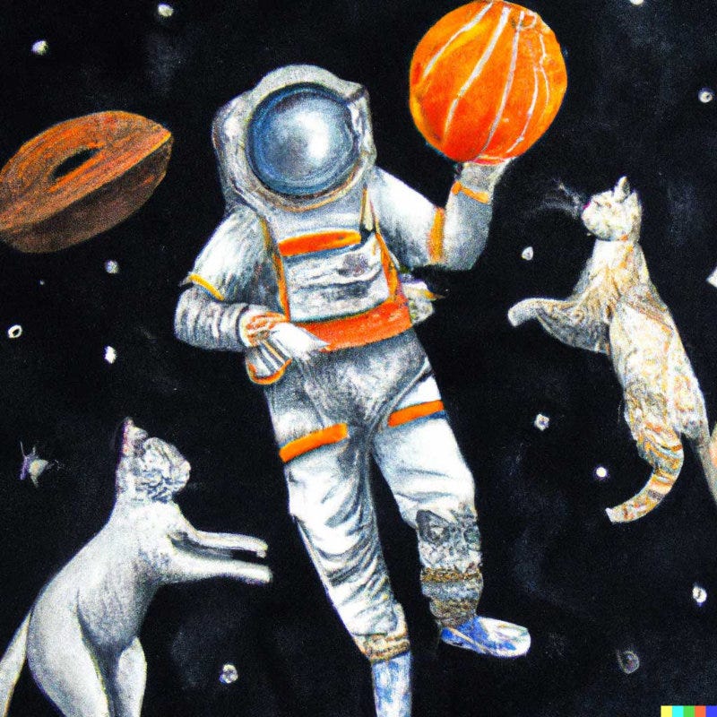 A DALL·E 2 example using the prompt: An astronaut playing basketball with cats in space in a watercolour style