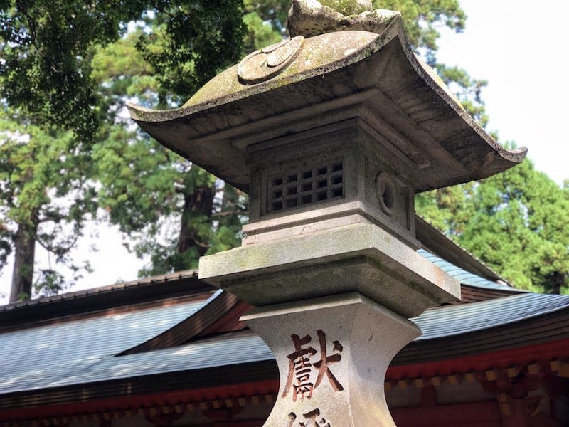 A stone lantern outside of the main shrine hall of Kashima Jingu in Ibaraki Prefecture