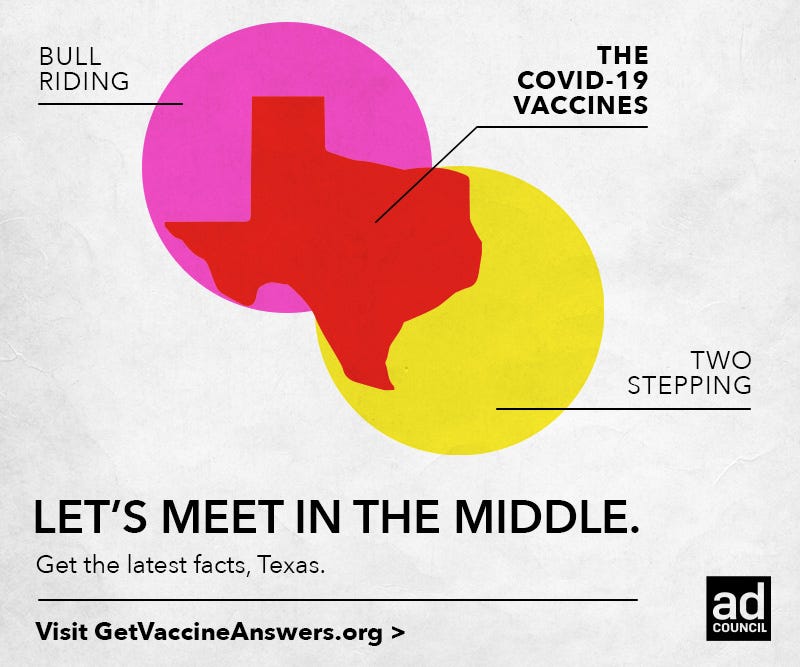 A Venn Diagram featuring the outline of the state of Texas as “Covid-19 Vaccines” and two circles that say “Bull Riding” and “Two Stepping.” Below it reads, “LET’S MEET IN THE MIDDLE. Get the latest facts, Texas.”