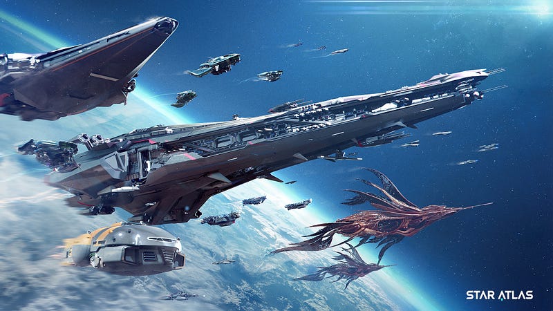 Multiple spaceships navigate space in the game Star Atlas.