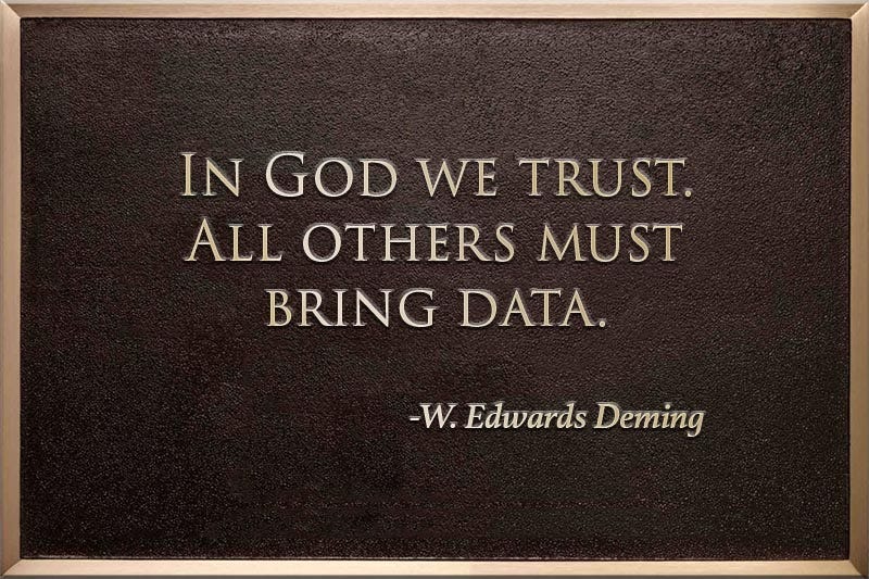 Bronze plaque that reads, “In God we trust, all others must bring data. W. Edwards Deming”