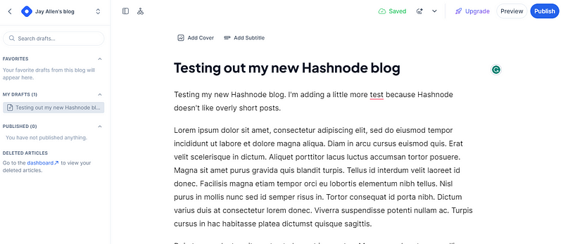 A new blog being composed in Hashnode
