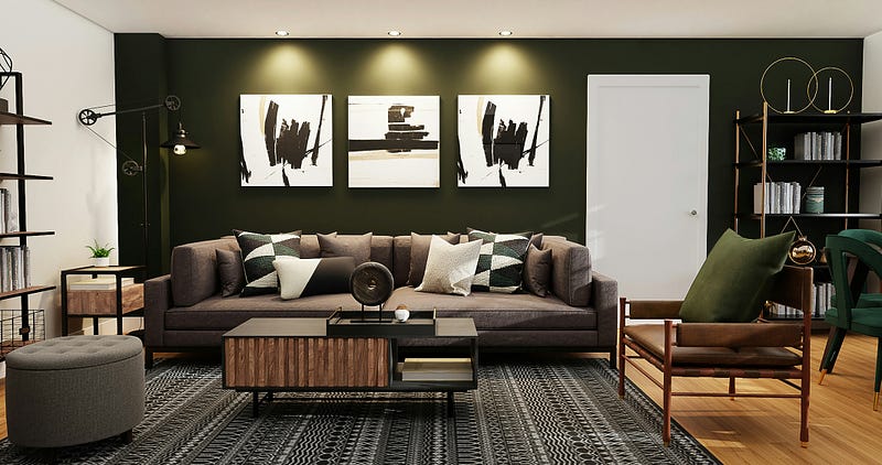 This modern living room interior features a sophisticated dark green accent wall paired with plush seating and contemporary furniture. Abstract wall art, warm ambient lighting, and textured decor elements create a cozy yet refined atmosphere. The balanced color palette, wooden accents, and thoughtfully arranged furnishings enhance comfort and visual appeal, making the space ideal for stylish urban homes and modern residential interior design projects.
