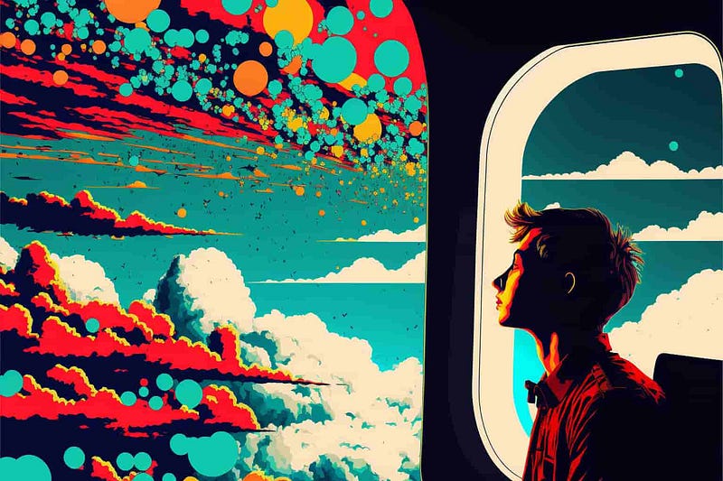 A boy looking at dreams in the sky, pop art