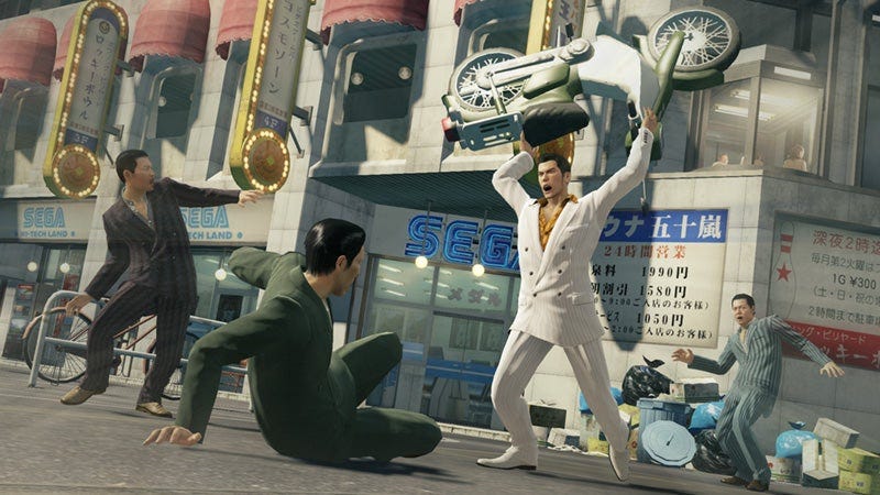 Kiryu using a moped as a giant blunt weapon against a bunch of thugs