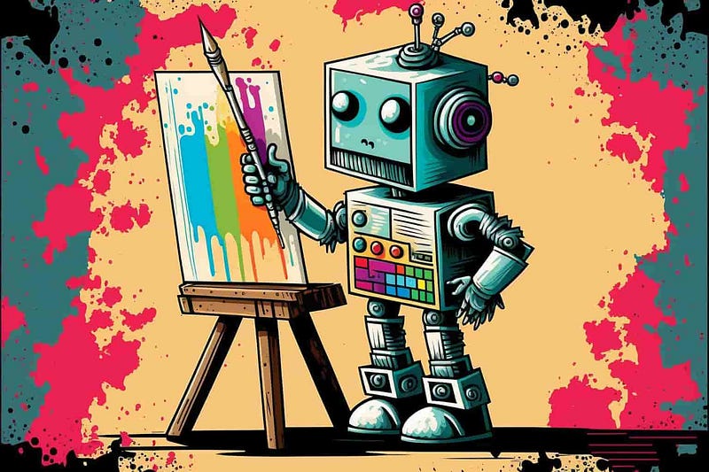 a robot standing at a canvas holding a paintbrush, pop art