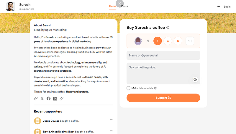 Buy me a coffee profile creation Suresh.tech