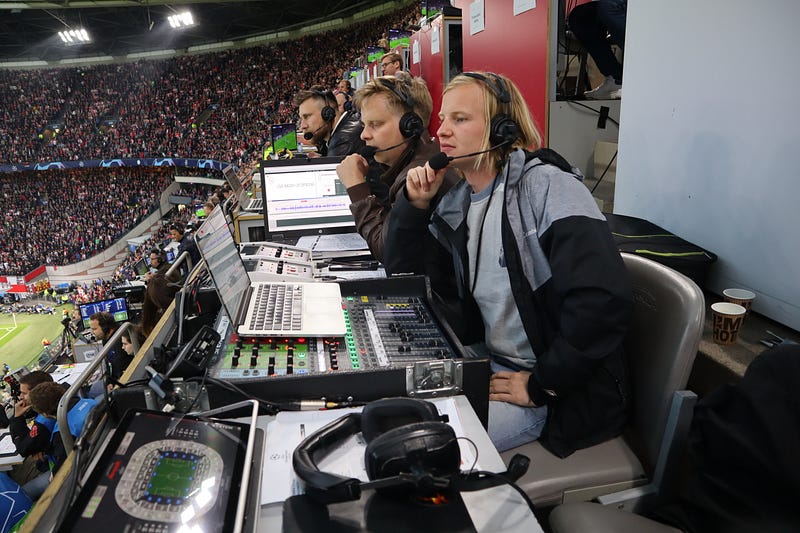 Deiderik with co-host Anne broadcasting live at the Champions League semi-finals in May 2019