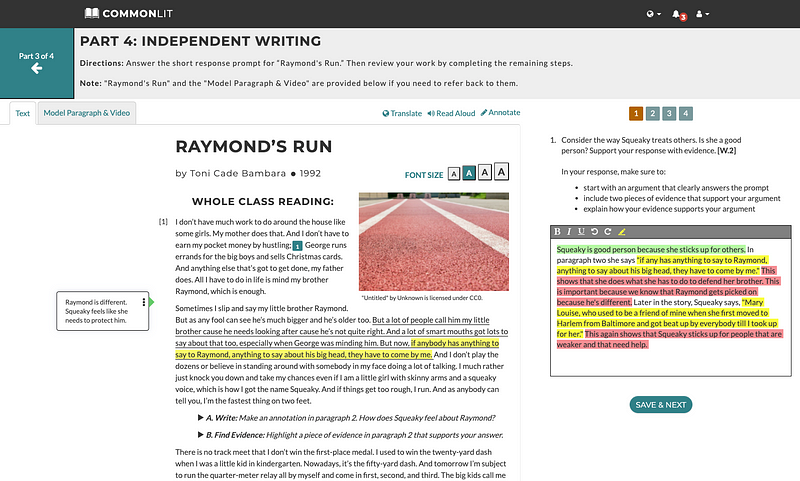 The independent writing section of a lesson, with the text "Raymond's Run" on the left and highlighted student writing on the right.