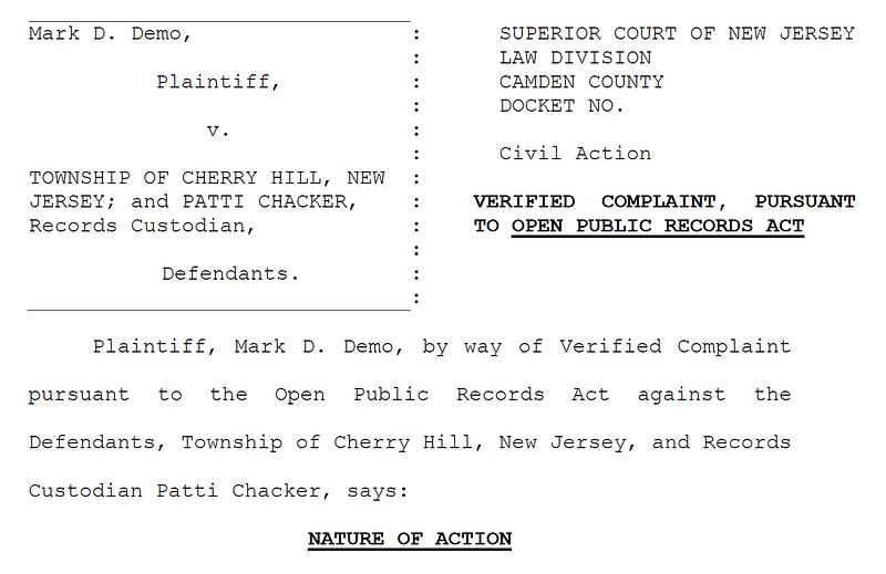 Photo of a legal complaint against Township of Cherry Hill
