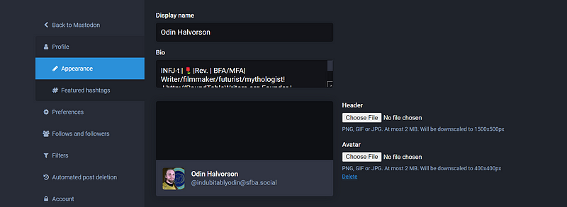 Example of a Mastodon edit profile screen.
