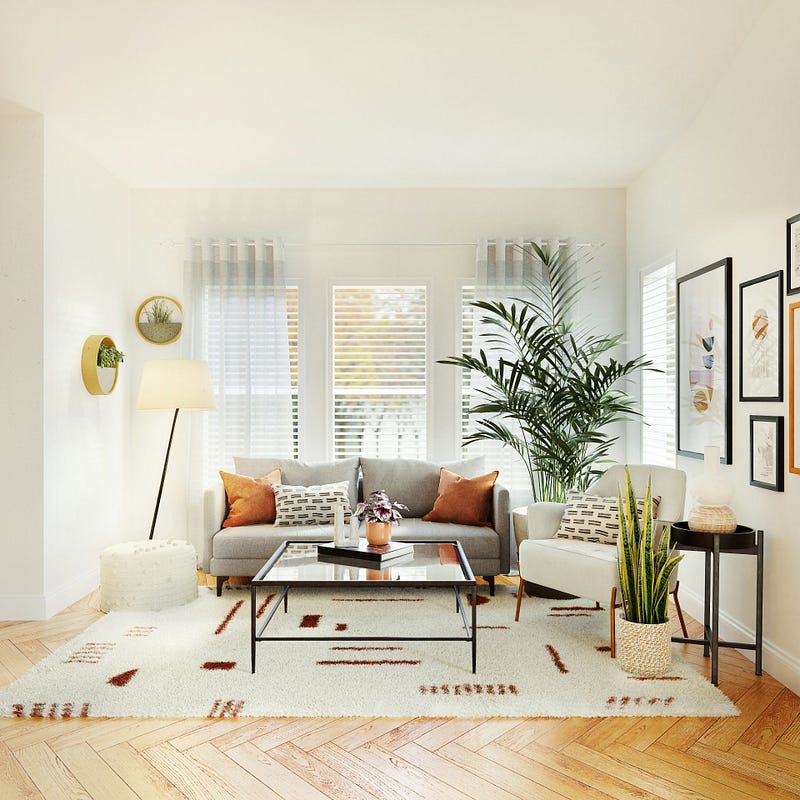 This bright white living room design highlights a perfect balance of minimalism and warmth. Soft neutral furniture, indoor plants, and textured decor create a fresh and calming ambiance. Large windows allow natural light to enhance the space, while wooden flooring and subtle earthy accents add depth and character. Ideal for modern homes, this living room interior reflects elegance, comfort, and a clean contemporary aesthetic.