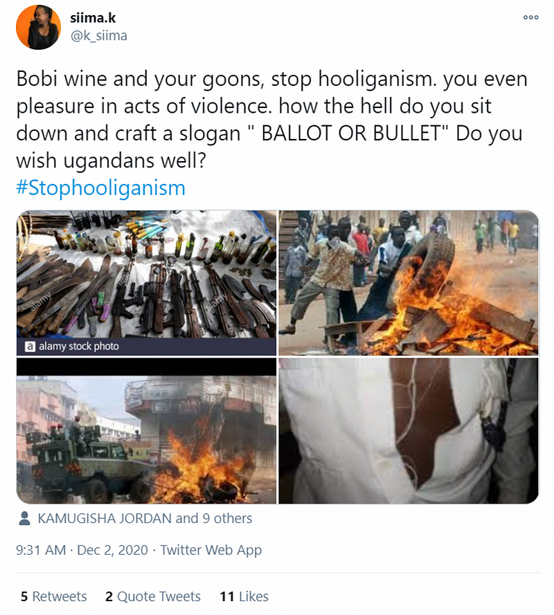 Account @k_siima, who was one of the first to spread the #StopHooliganism narrative, posted four images from protests unrelated to the November Bobi Wine protests. (Source: @k_siima/archive)